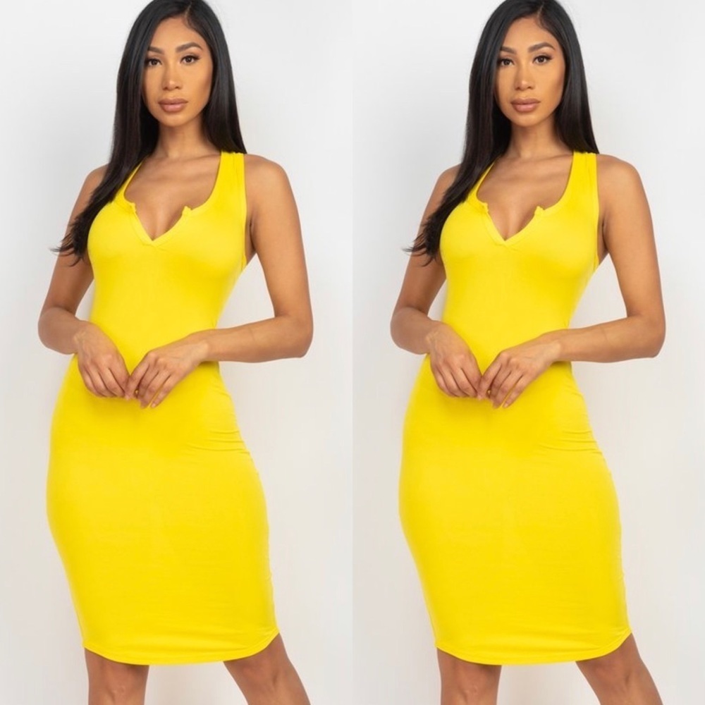 TRENDY SUMMER CASUAL SOFT BASIC DAYLILY YELLOW SPLIT V NECK SLEEVELESS TANK TOP